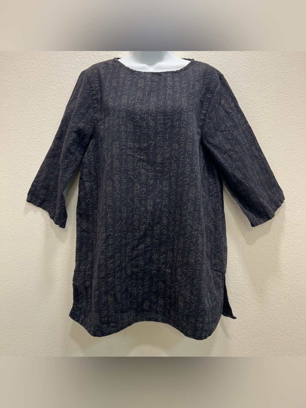 Gudrun Sjoden Boxy Tunic Top Small Japanese Kanji Lagenlook Linen Cotton